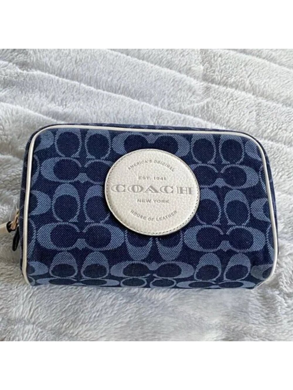 Coach Denim Signature Cosmetic Bag Wristlet Blue Monogram Makeup Pouch NWT